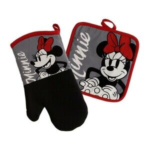 NWT Minnie Mouse Oven Mitt & Potholder w Neoprene Disney Cute Flirty Bow Red
